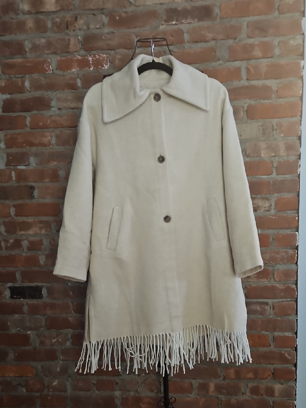 Mus & Bombon Cream Fringe-Trim Women's Coat Made In Spain